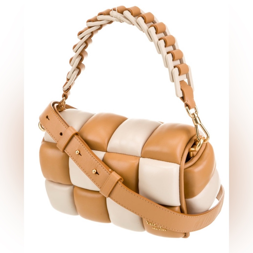 Limited Edition Kate Spade Boxxy East West Woven leather Tan Cream Bag excellent - Picture 3 of 6
